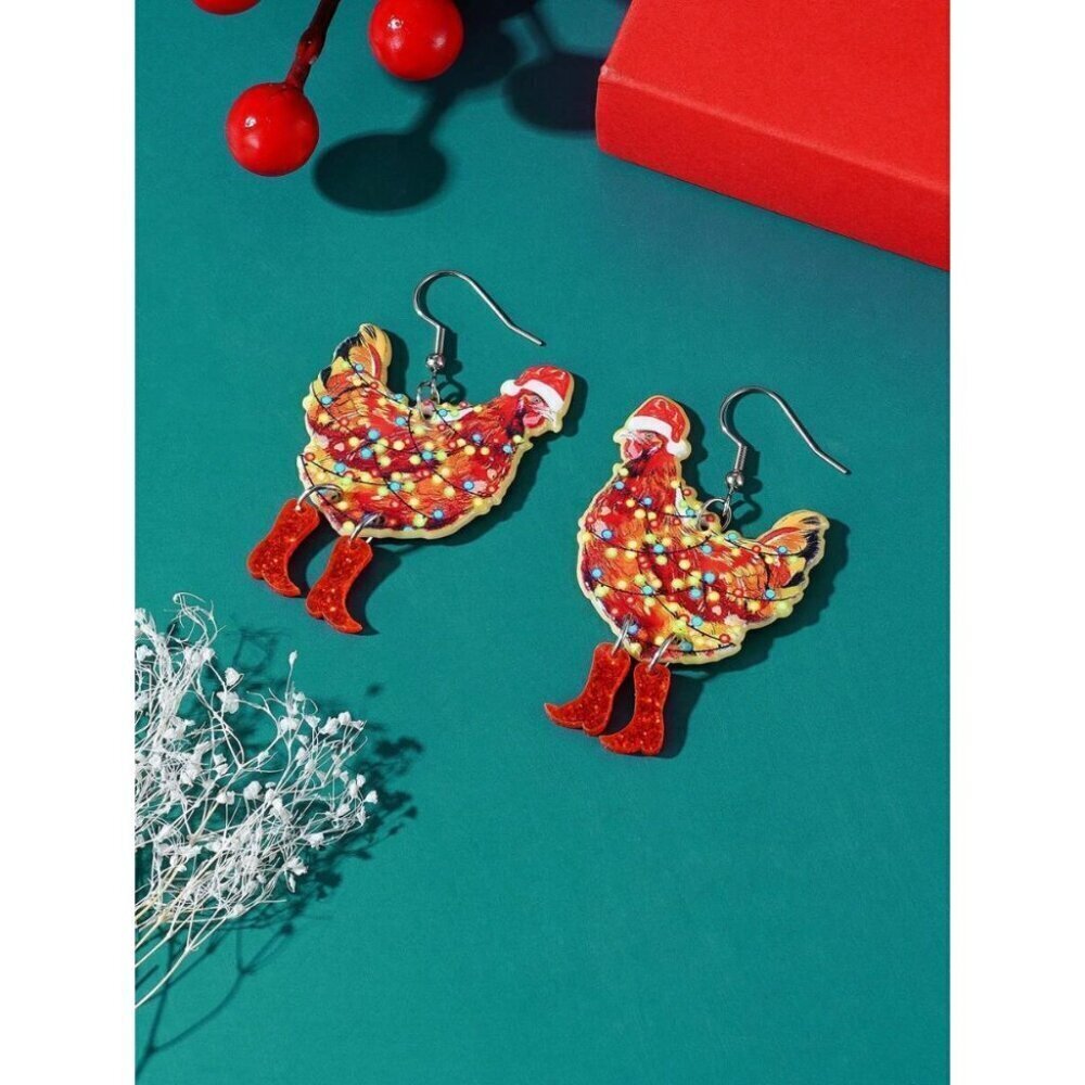 1pair European American Christmas Hat Chicken Shaped Light Up Earrings for Wife